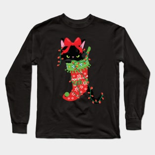 Grumpy And Annoyed Cats In Christmas Sock Xmas Lights Funny Long Sleeve T-Shirt